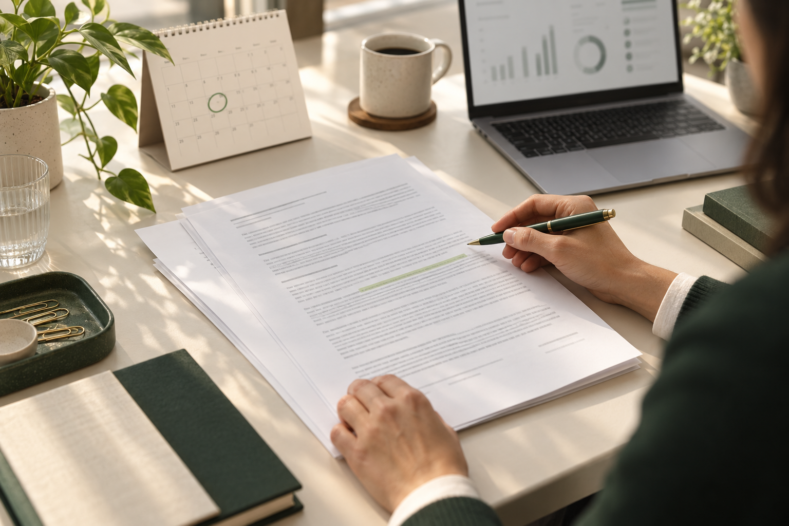 Illustrative desk scene with a contract, marked calendar date and laptop, showing a calm planning routine